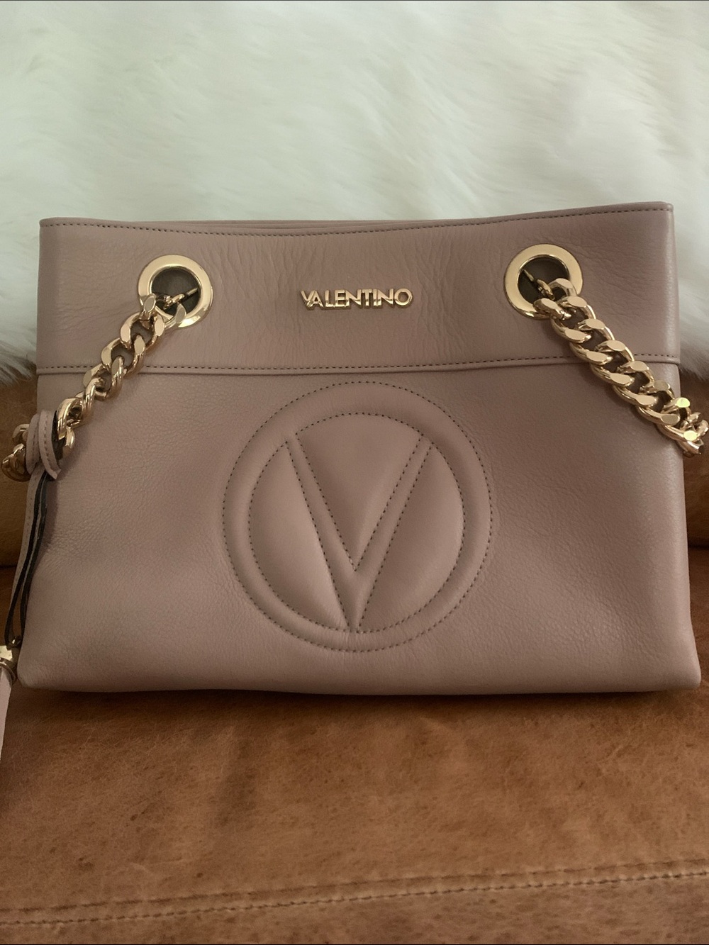 Mario Valentino Dusty Rose Leather Shoulder Bag with Gold Chain